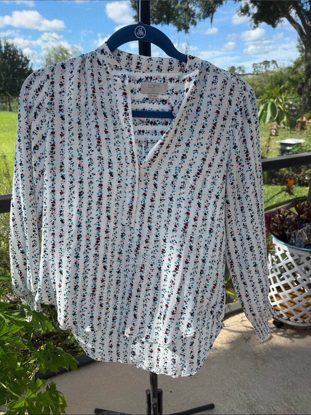 LOFT outlet White Floral-Striped Split Neck Blouse with Teal and Red Accents